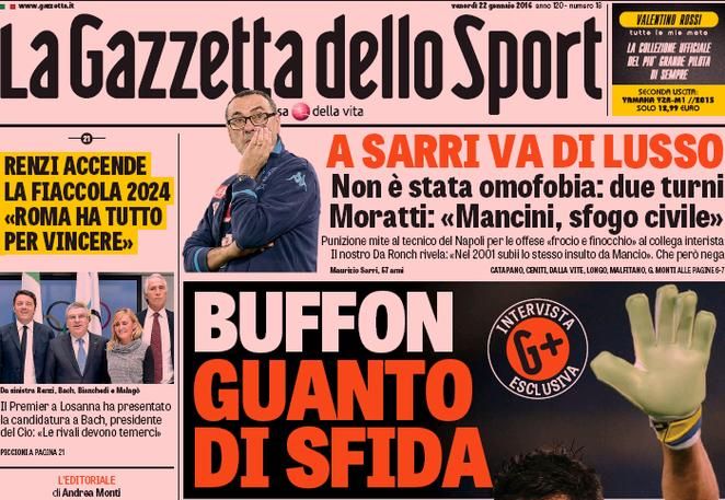 Rassegna stampa 22 gennaio 2016: prime pagine Gazzetta, Corriere e Tuttosport