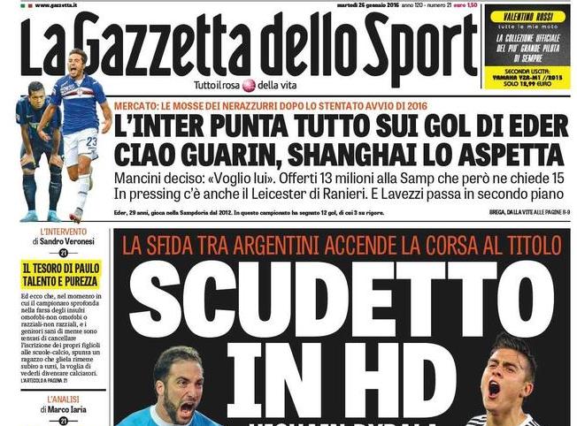 Rassegna stampa 26 gennaio 2016: prime pagine Gazzetta, Corriere e Tuttosport