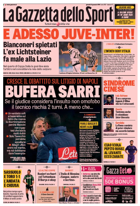 Rassegna stampa 21 gennaio 2016: prime pagine Gazzetta, Corriere e Tuttosport