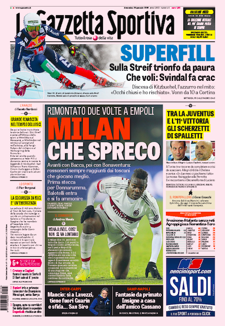 Rassegna stampa 24 gennaio 2016: prime pagine Gazzetta, Corriere e Tuttosport