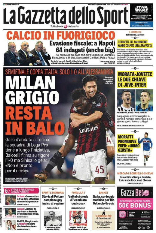 Rassegna stampa 27 gennaio 2016: prime pagine Gazzetta, Corriere e Tuttosport