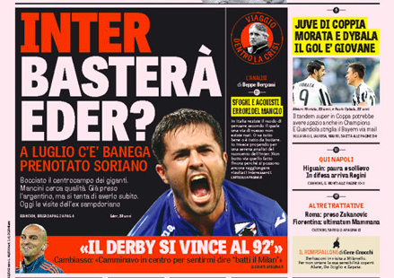 Rassegna stampa 29 gennaio 2016: prime pagine Gazzetta, Corriere e Tuttosport