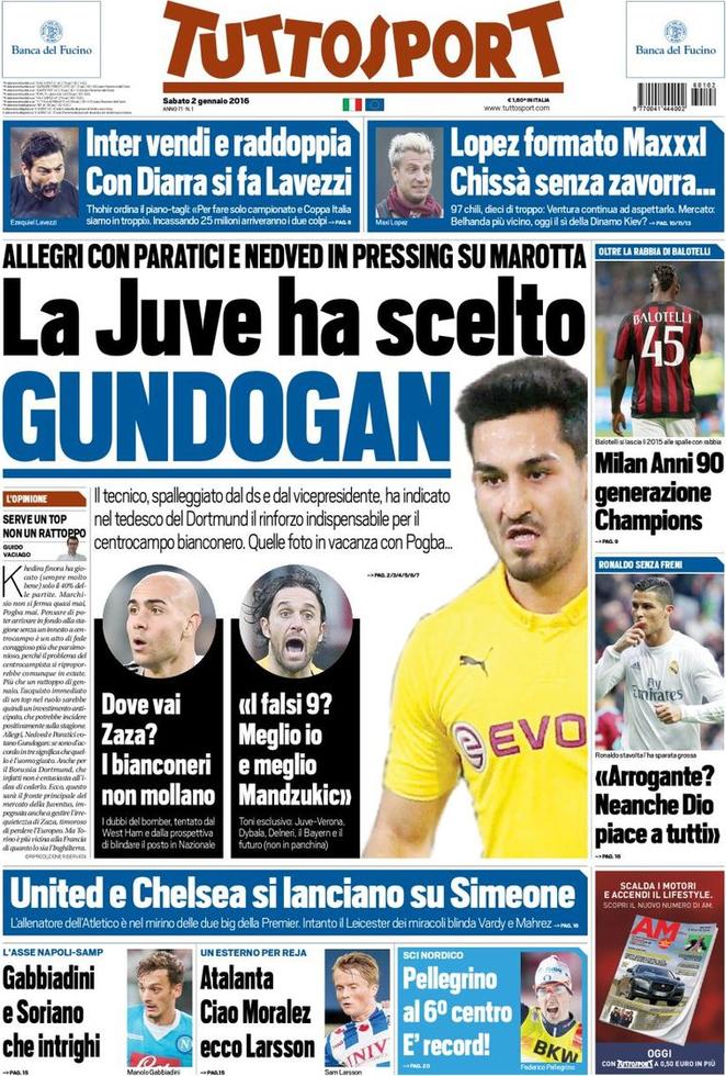 Rassegna stampa 2 gennaio 2016: prime pagine Gazzetta, Corriere e Tuttosport