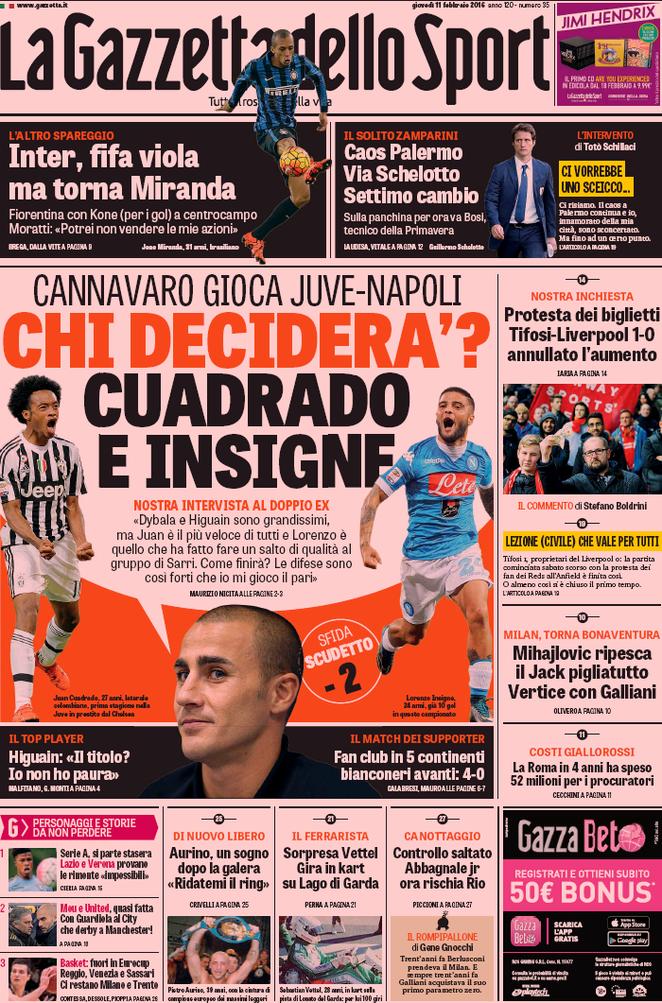 Rassegna stampa 11 febbraio 2016: prime pagine Gazzetta, Corriere e Tuttosport