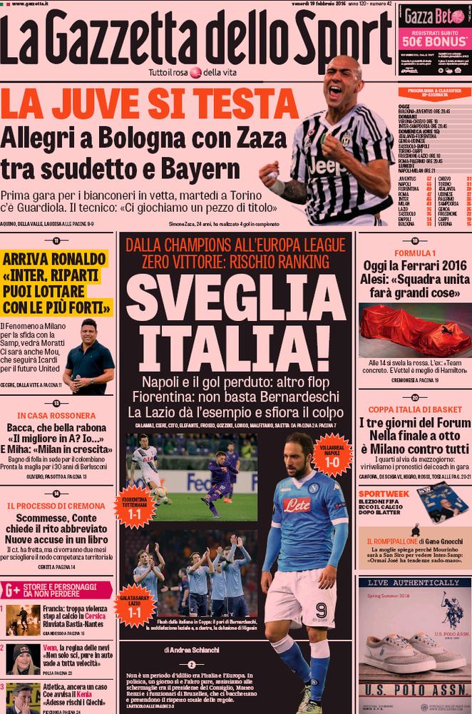 Rassegna stampa 19 febbraio 2016: prime pagine Gazzetta, Corriere e Tuttosport