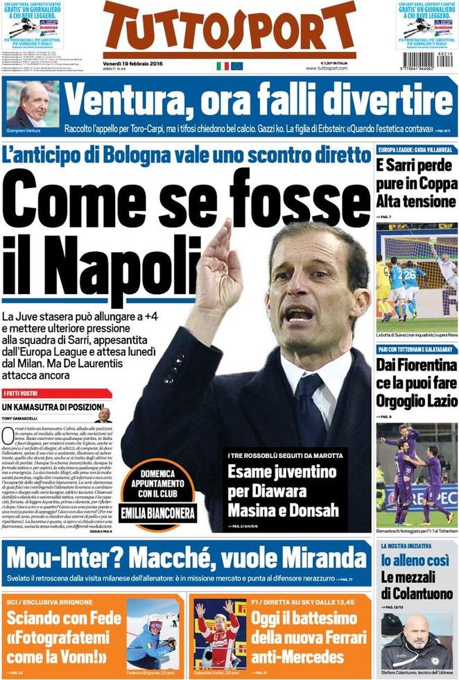 Rassegna stampa 19 febbraio 2016: prime pagine Gazzetta, Corriere e Tuttosport