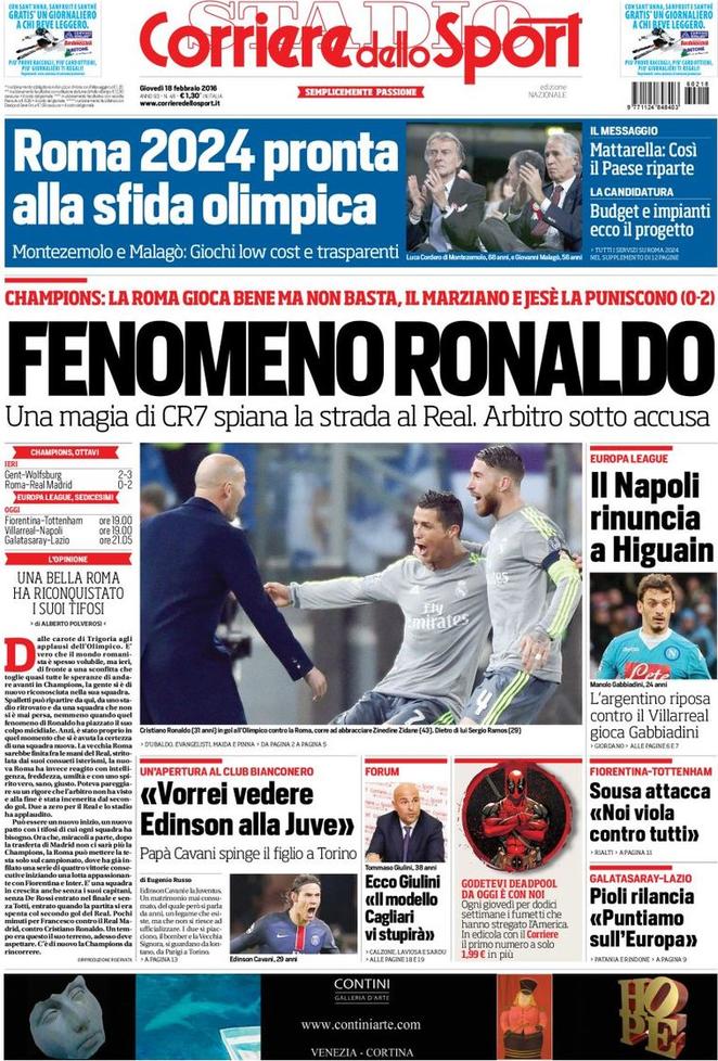 Rassegna stampa 18 febbraio 2016: prime pagine Gazzetta, Corriere e Tuttosport