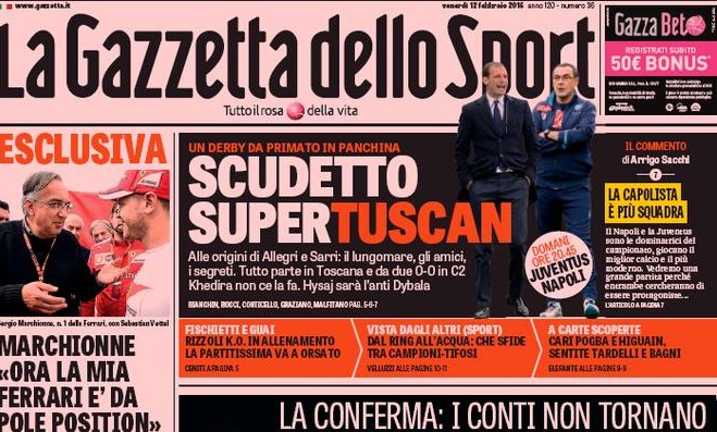 Rassegna stampa 12 febbraio 2016: prime pagine Gazzetta, Corriere e Tuttosport