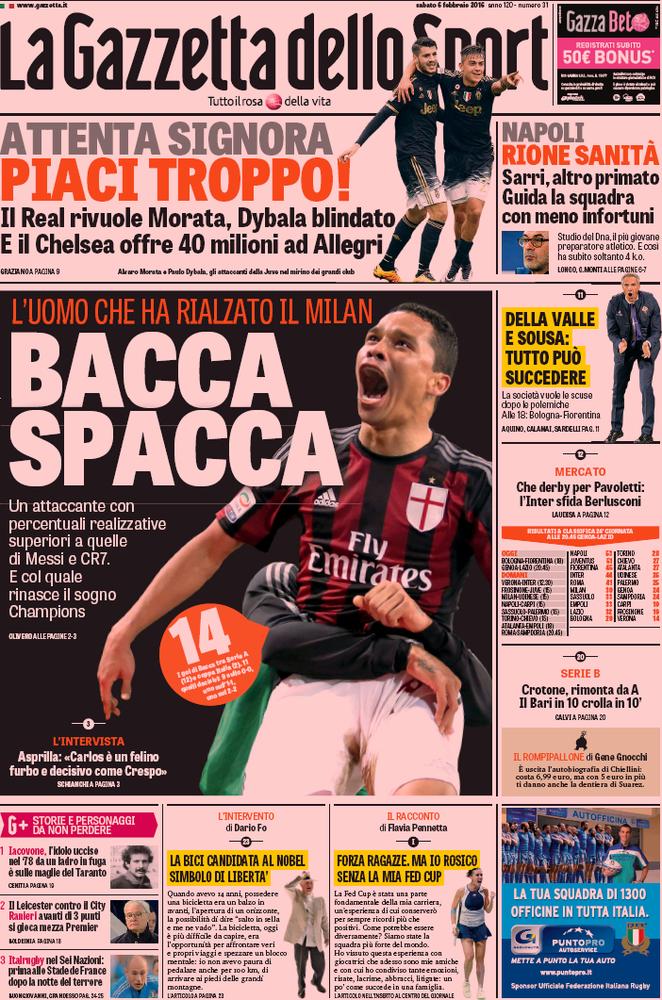 Rassegna stampa 6 febbraio 2016: prime pagine Gazzetta, Corriere e Tuttosport