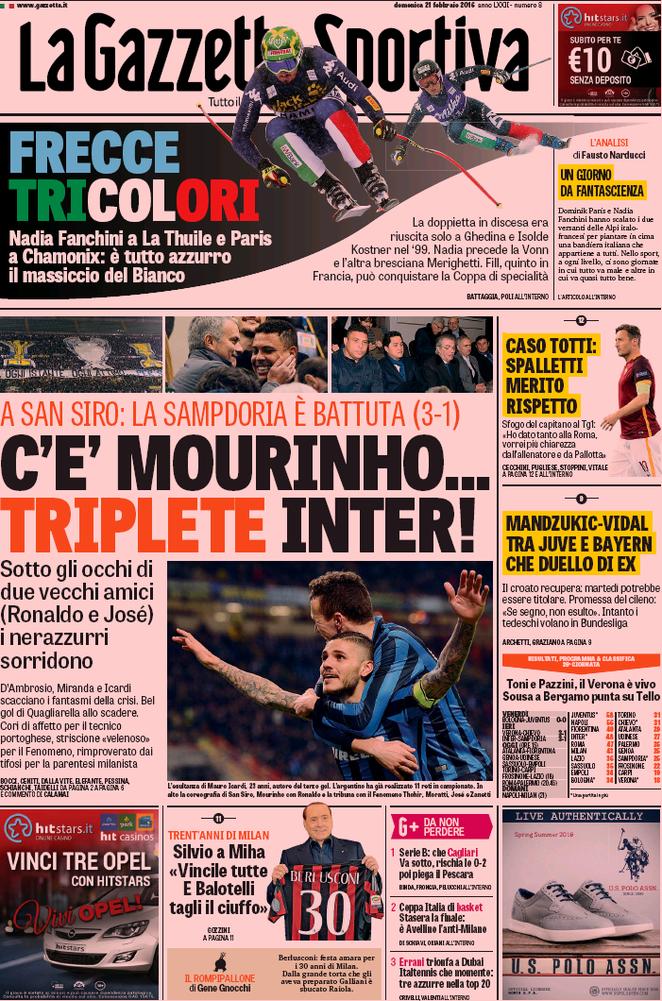 Rassegna stampa 21 febbraio 2016: prime pagine Gazzetta, Corriere e Tuttosport