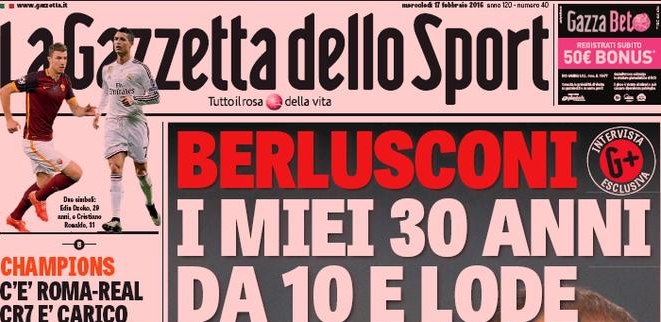 Rassegna stampa 17 febbraio 2016: prime pagine Gazzetta, Corriere e Tuttosport