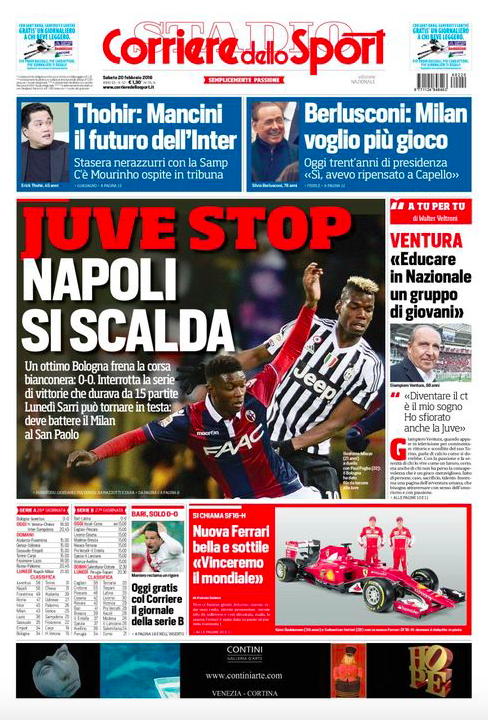 Rassegna stampa 20 febbraio 2016: prime pagine Gazzetta, Corriere e Tuttosport