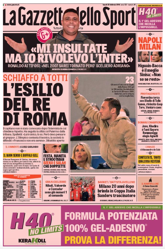 Rassegna stampa 22 febbraio 2016: prime pagine Gazzetta, Corriere e Tuttosport