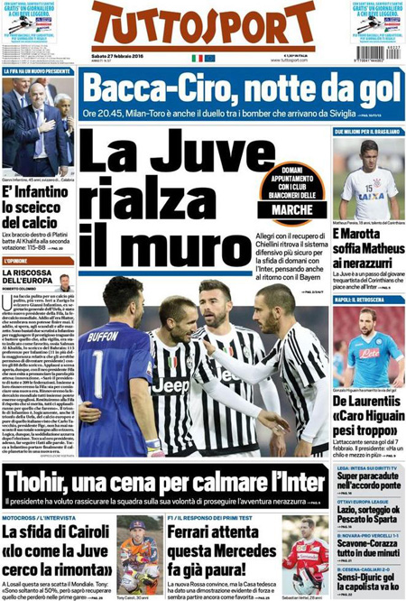 Rassegna stampa 27 febbraio 2016: prime pagine Gazzetta, Corriere e Tuttosport