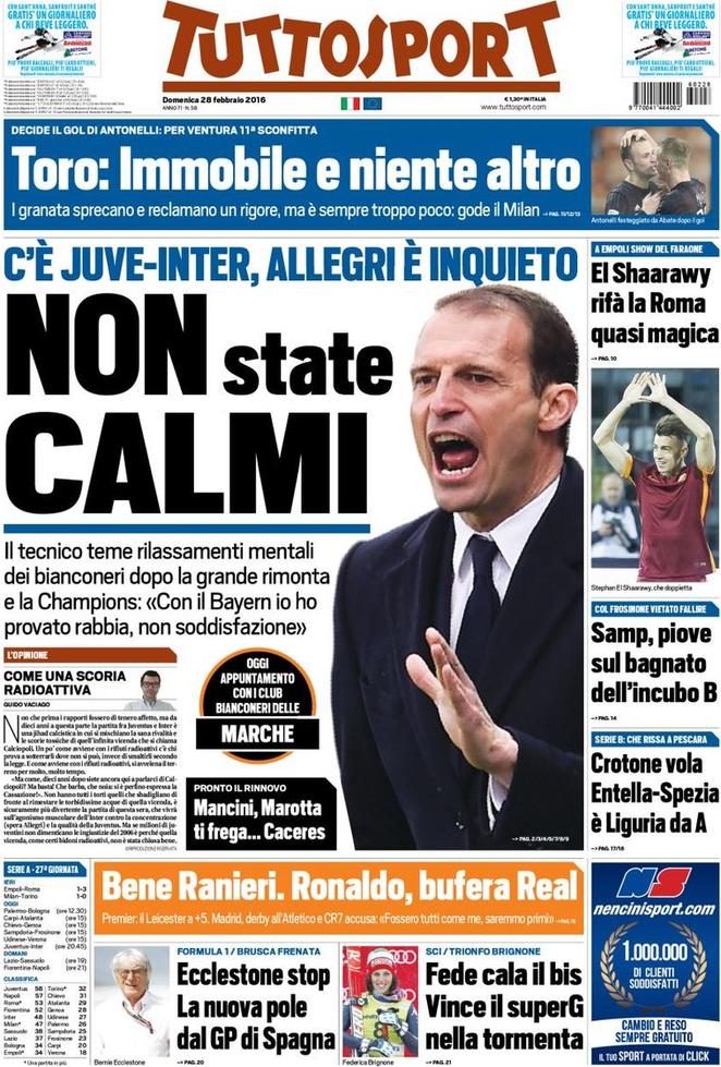 Rassegna stampa 28 febbraio 2016 | prime pagine Gazzetta, Corriere e Tuttosport