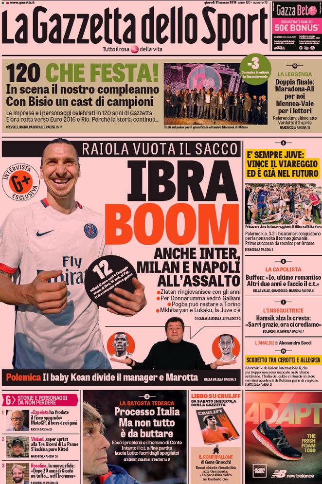 Rassegna stampa 31 marzo 2016: prime pagine Gazzetta, Corriere e Tuttosport