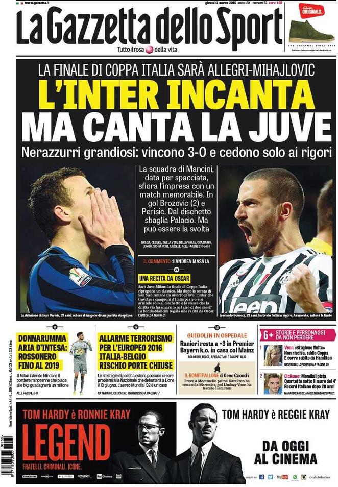 Rassegna stampa 3 marzo 2016: prime pagine Gazzetta, Corriere e Tuttosport