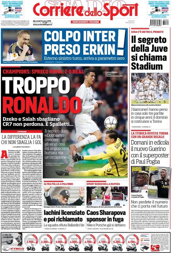 Rassegna stampa 9 marzo 2016: prime pagine Gazzetta, Corriere e Tuttosport