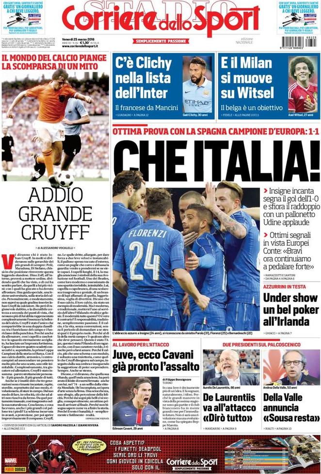 Rassegna stampa 25 marzo 2016: prime pagine Corriere e Tuttosport