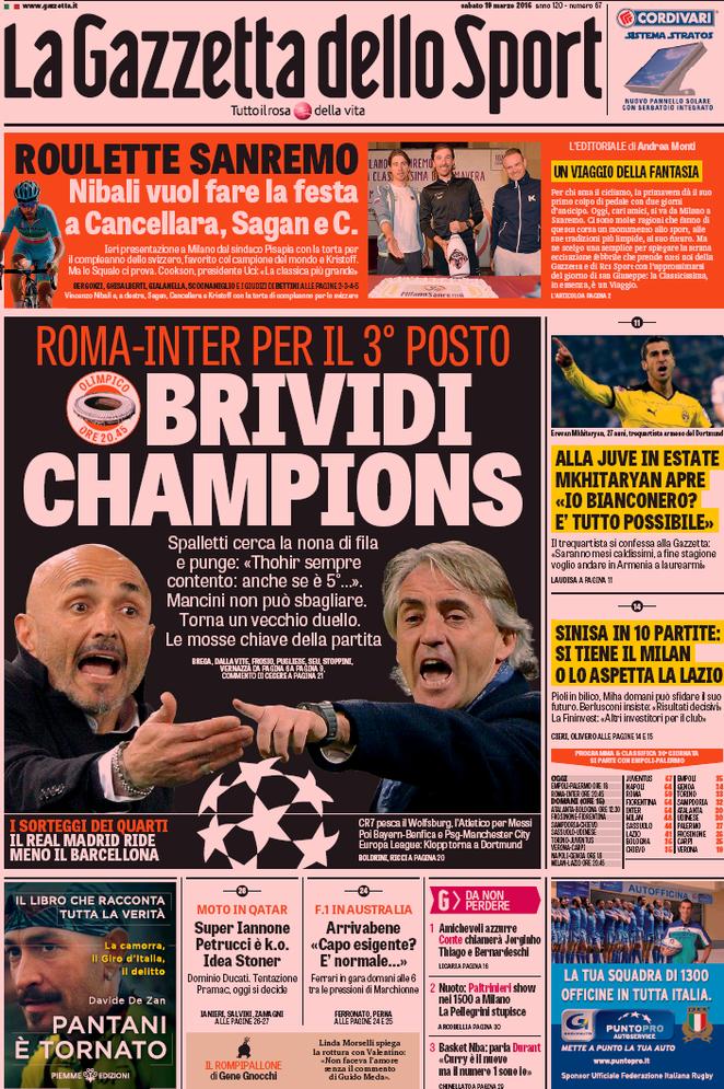 Rassegna stampa 19 marzo 2016: prime pagine Gazzetta, Corriere e Tuttosport