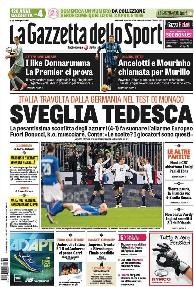 Rassegna stampa 30 marzo 2016: prime pagine Gazzetta, Corriere e Tuttosport