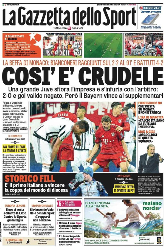 Rassegna stampa 17 marzo 2016: prime pagine Gazzetta, Corriere e Tuttosport