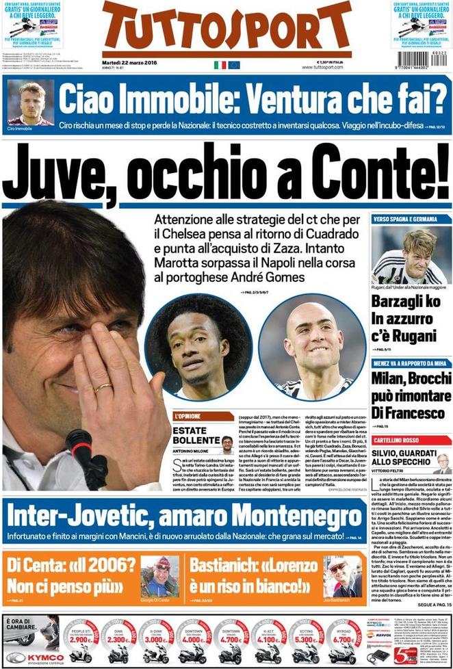 Rassegna stampa 22 marzo 2016: prime pagine Gazzetta, Corriere e Tuttosport