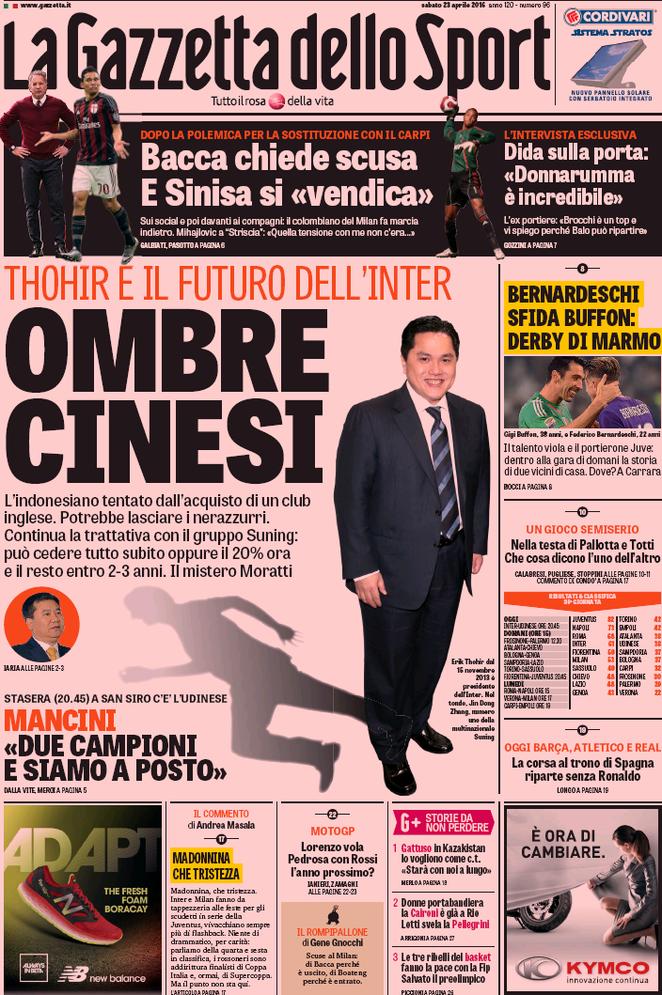 Rassegna stampa 23 aprile 2016: prime pagine Gazzetta, Corriere e Tuttosport