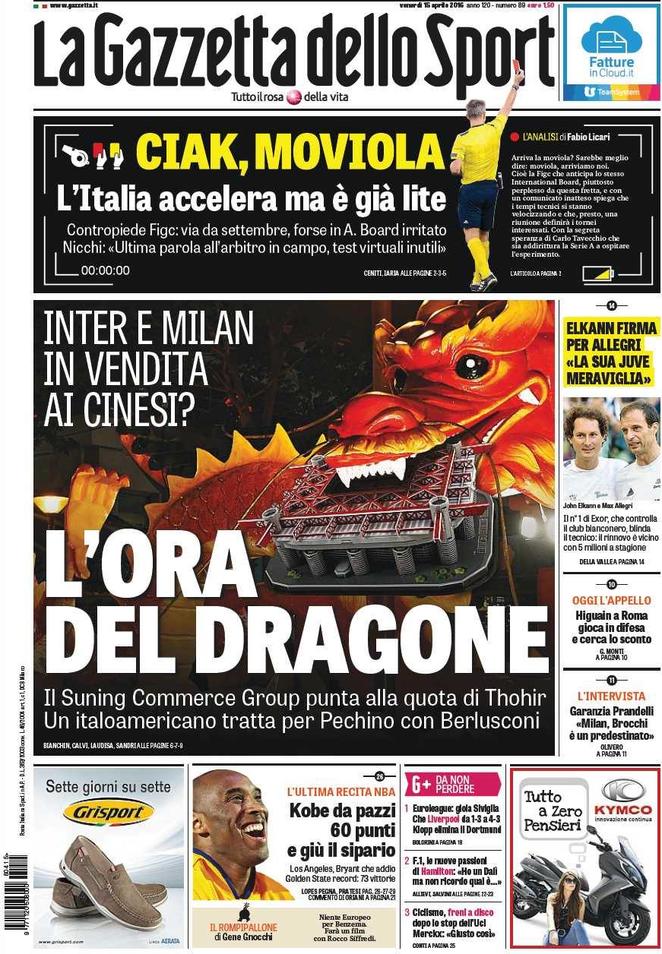 Rassegna stampa 15 aprile 2016: prime pagine Gazzetta, Corriere e Tuttosport