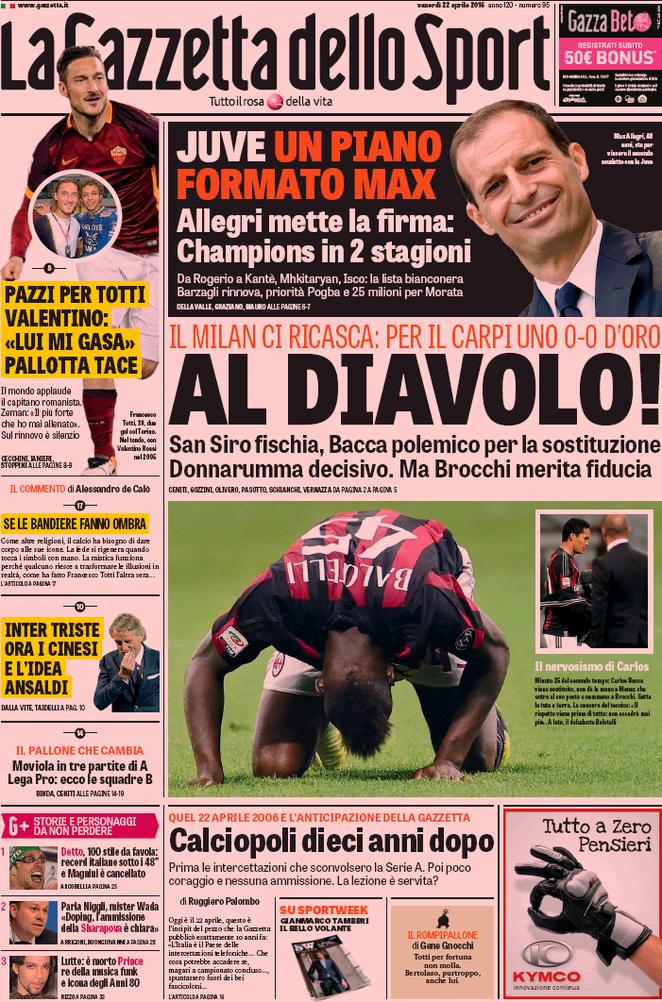Rassegna stampa 22 aprile 2016: prime pagine Gazzetta, Corriere e Tuttosport
