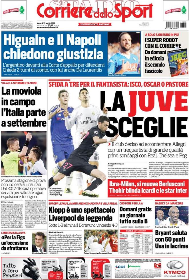 Rassegna stampa 15 aprile 2016: prime pagine Gazzetta, Corriere e Tuttosport