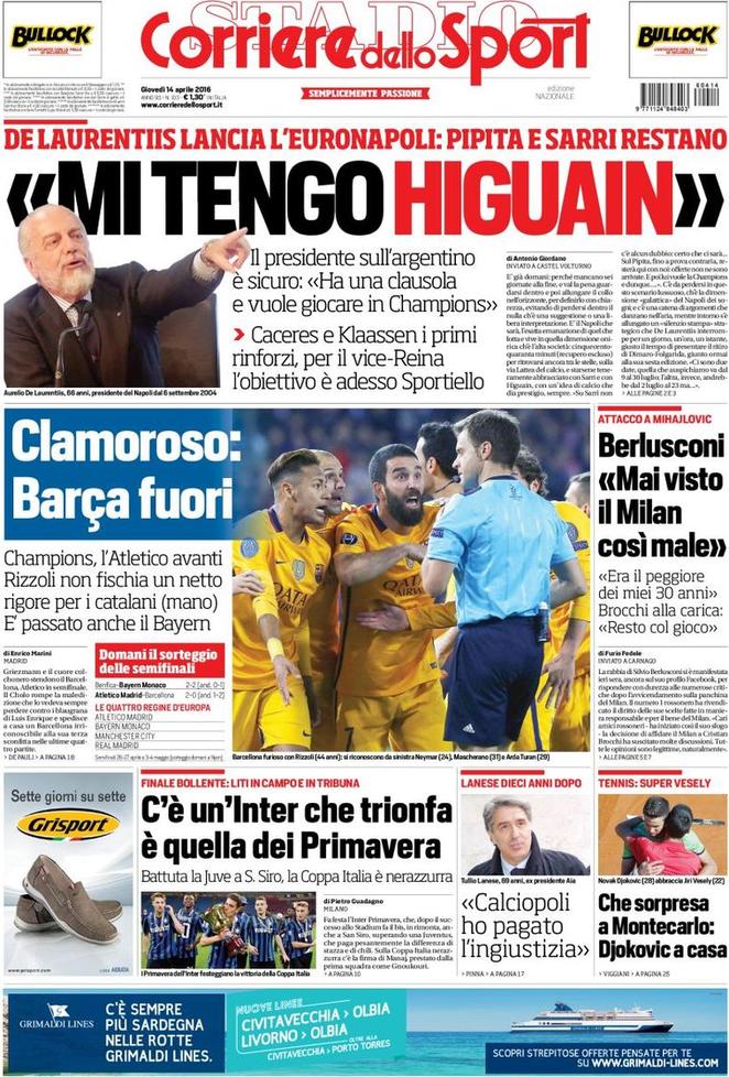 Rassegna stampa 14 aprile 2016: prime pagine Gazzetta, Corriere e Tuttosport