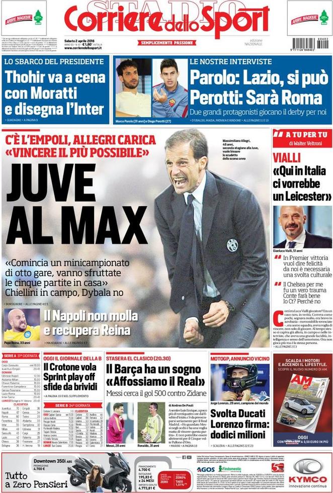 Rassegna stampa 2 aprile 2016: prime pagine Gazzetta, Corriere e Tuttosport