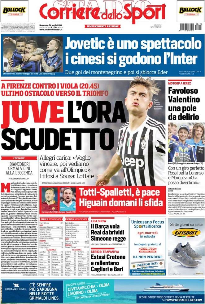 Rassegna stampa 24 aprile 2016: prime pagine Gazzetta, Corriere e Tuttosport