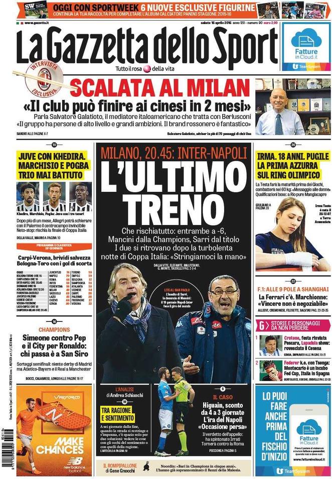 Rassegna stampa 16 aprile 2016: prime pagine Gazzetta, Corriere e Tuttosport