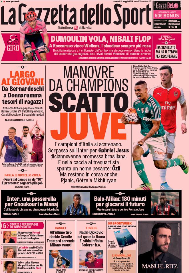 Rassegna stampa 13 maggio 2016: prime pagine Gazzetta, Corriere e Tuttosport