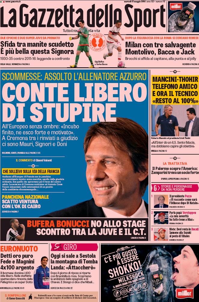 Rassegna stampa 17 maggio 2016: prime pagine Gazzetta, Corriere e Tuttosport