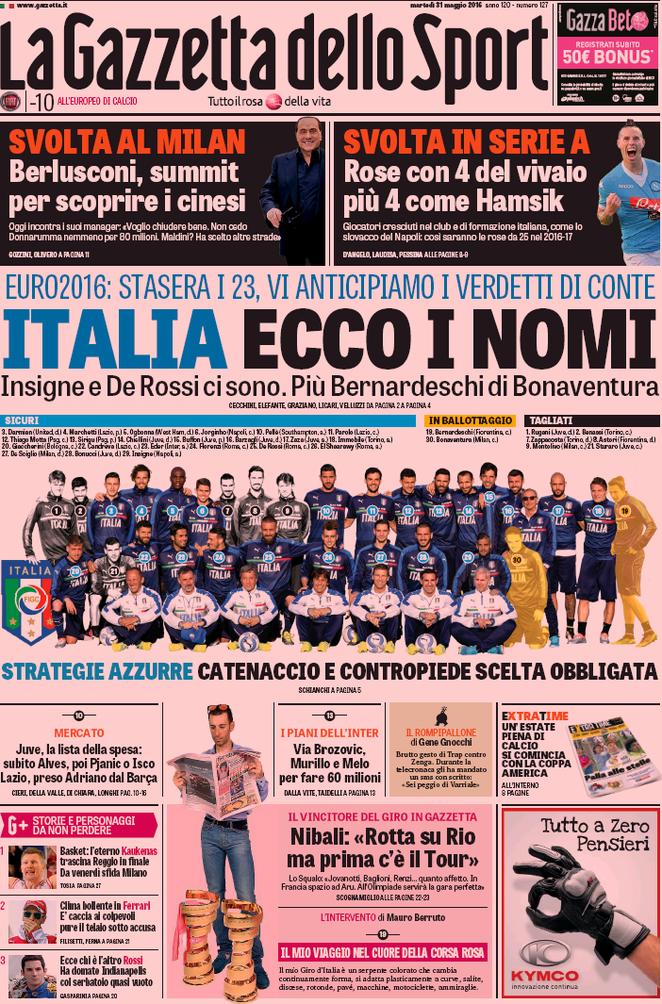 Rassegna stampa martedì 31 maggio 2016: prime pagine Gazzetta, Corriere e Tuttosport