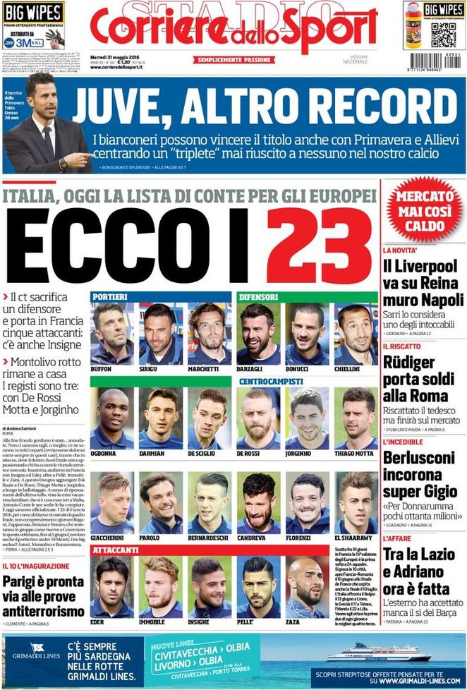 Rassegna stampa martedì 31 maggio 2016: prime pagine Gazzetta, Corriere e Tuttosport