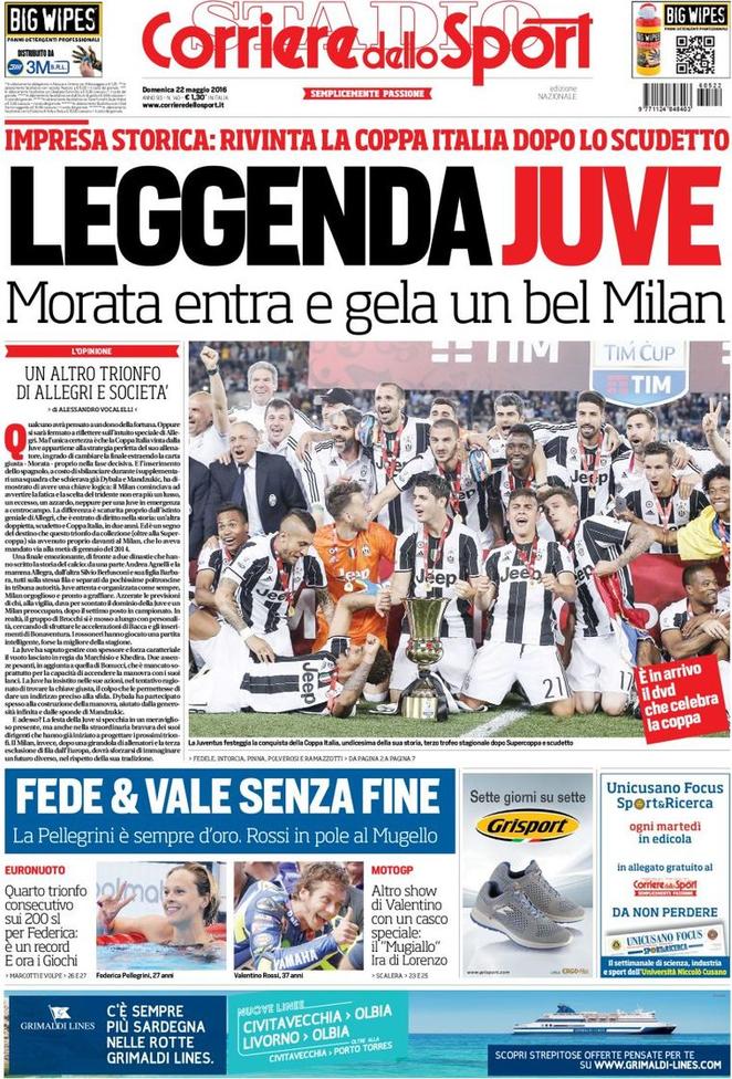 Rassegna stampa domenica 22 maggio 2016: prime pagine Gazzetta, Corriere e Tuttosport