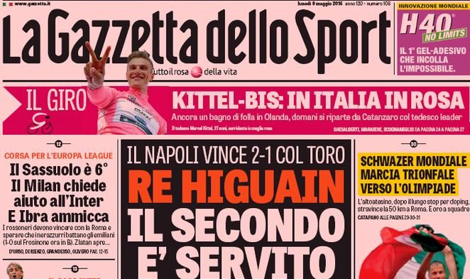 Rassegna stampa 9 maggio 2016: prime pagine Gazzetta, Corriere e Tuttosport
