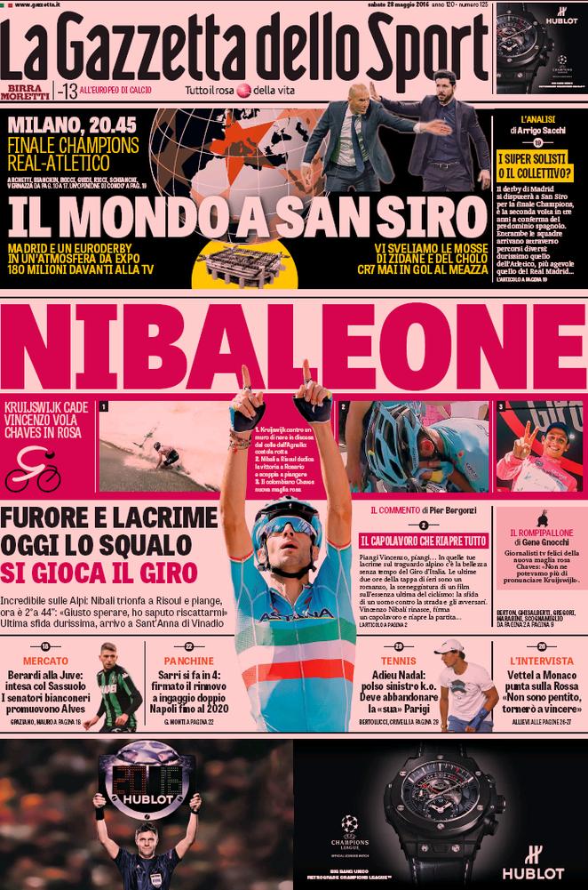 Rassegna stampa sabato 28 maggio 2016: prime pagine Gazzetta, Corriere e Tuttosport