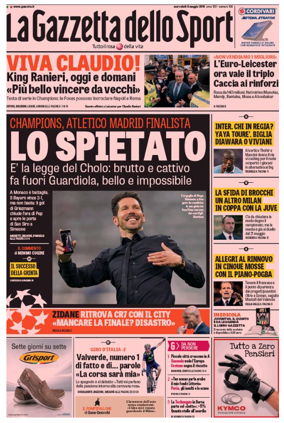 Rassegna stampa 4 maggio 2016: prime pagine Gazzetta, Corriere e Tuttosport