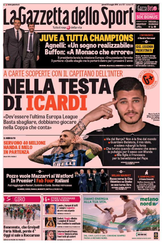 Rassegna stampa 12 maggio 2016: prime pagine Gazzetta, Corriere e Tuttosport