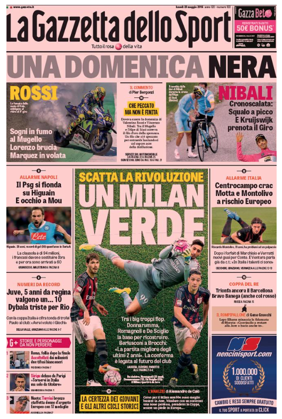 Rassegna stampa 23 maggio 2016: prime pagine Gazzetta, Corriere e Tuttosport