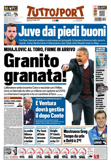 Rassegna stampa giovedì 19 maggio 2016: prime pagine Gazzetta, Corriere e Tuttosport