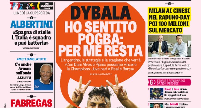 Rassegna stampa sabato 25 giugno 2016: prime pagine Gazzetta, Corriere e Tuttosport