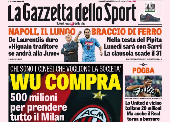 Rassegna stampa giovedì 21 luglio 2016: prime pagine Gazzetta, Corriere e Tuttosport