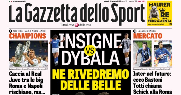 Rassegna stampa: prime pagine Gazzetta, Corriere e Tuttosport di giovedì 24 agosto 2017