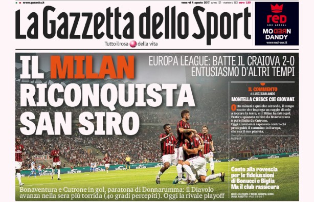 Rassegna stampa: prime pagine Gazzetta, Corriere e Tuttosport di venerdì 4 agosto 2017